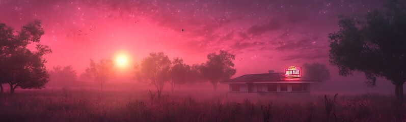 Aufkleber - A tranquil landscape at sunset with vibrant hues and a distant vehicle under a misty atmosphere.