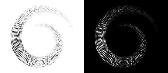 Wall Mural - Modern abstract background. Halftone dots in spiral. Round logo. Vector dotted frame. Design element or icon. Black shape on a white background and the same white shape on the black side.