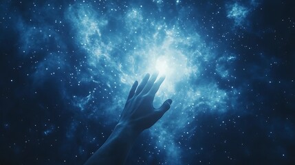 Aufkleber - A hand reaches towards a glowing cosmic scene filled with stars and nebulae.