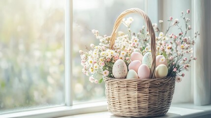 A wicker basket with soft pastel Easter eggs and tiny flower bouquets sitting on a sunny windowsill, perfect for Easter and spring celebrations