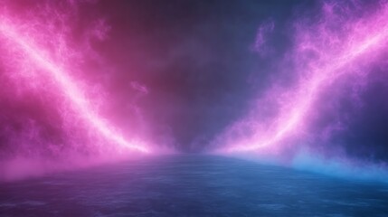 Poster - Vibrant pink and blue light streaks create an ethereal atmosphere over a dark, misty background.