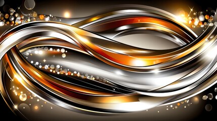 Wall Mural - dynamic abstract waves design with shiny silver and gold elements on a dark background