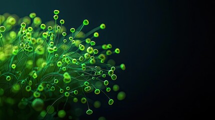 Poster - Marine life microscopic idea. Close-up view of vibrant green plant cells in a beautiful dark background.
