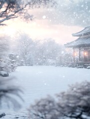 Poster - Serene winter landscape featuring a snow-covered path and traditional architecture.