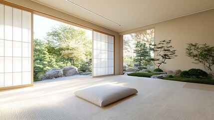 Poster - Minimalist room with natural light and a serene garden view, promoting tranquility and relaxation.