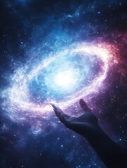 Aufkleber - A hand reaches towards a swirling galaxy of vibrant colors, symbolizing connection and exploration of the universe.