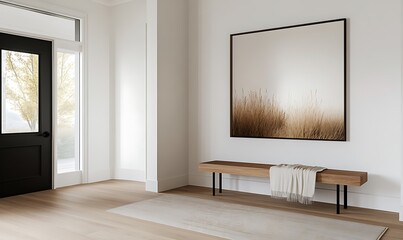 Poster - A minimalistic interior featuring a wooden bench, light rug, and a large abstract painting, creating a serene atmosphere.