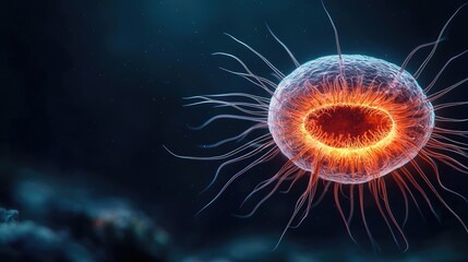 Wall Mural - microscopic ocean life idea. microscopic view of a glowing organism with tentacle-like structures in