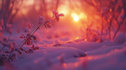 Canvas Print - Frosty plant sunset winter snow background, nature scene