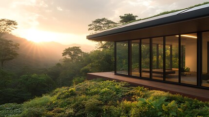 Poster - A modern house with large glass windows overlooks a lush green landscape during a serene sunset.