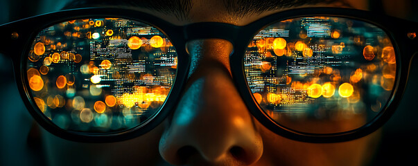 Closeup of eyeglasses reflecting glowing computer code and city lights at night.  A mysterious and intriguing image, perfect for tech, coding, data science, and futuristic concepts.