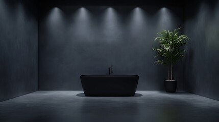Poster - A minimalist bathroom featuring a sleek black bathtub illuminated by soft overhead lights and a single green plant in the corner.