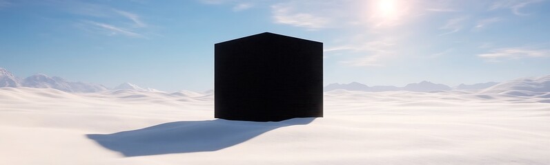 Poster - A black cube stands alone in a bright sky, surrounded by a sea of clouds, casting a shadow on the soft white surface.