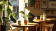 © adha - Sunlit Cafe Interior with Plants and Coffee Mugs on Wooden Tables