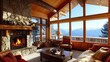 © Sawat - Cozy winter cabin living room with a stone fireplace, warm blankets, and rustic wood details.