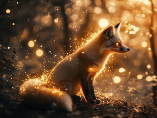 Wall Mural - enchanted forest fox: a mystical creature bathed in golden light