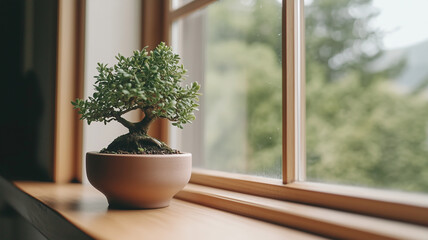 Sticker - small bonsai tree in ceramic pot sits on wooden windowsill, surrounded by greenery outside. serene atmosphere creates calming effect