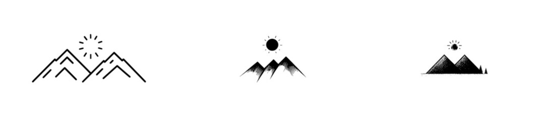 Background consists of an abstract mountain range. Depicted with basic lines, it includes mountains and the sun