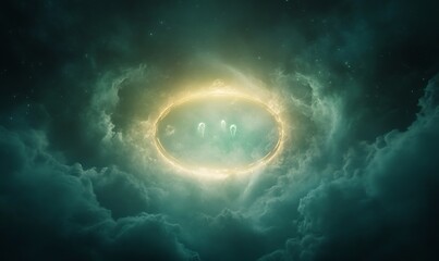 Aufkleber - A cosmic scene featuring a glowing ring amidst ethereal clouds, creating a mystical and otherworldly atmosphere.