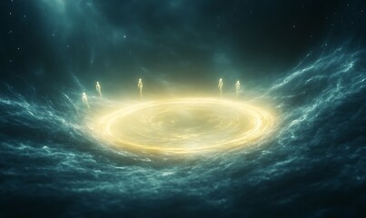 Aufkleber - A glowing circular portal surrounded by ethereal mist, with shadowy figures standing nearby, evoking a sense of mystery and otherworldliness.