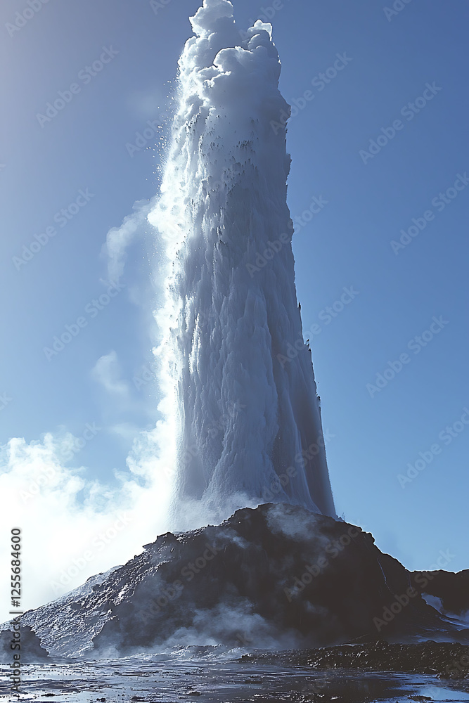 Dramatic geyser eruption against a clear blue sky. Powerful water ...