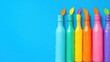 Colorful Bottles with Leaf Sprouts on Blue Background Representing Creativity, Art, and Playfulness in a Modern Design Aesthetic Environment