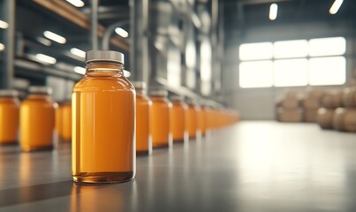 Poster - A focused image of an orange bottle in a factory setting, surrounded by similar bottles, showcasing a production line.