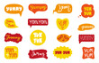© MicroOne - Yummy speech bubbles. Yum yum lettering, handwritten decorative stickers design. Graphic for menu, cafe bar website, food package, neoteric vector set