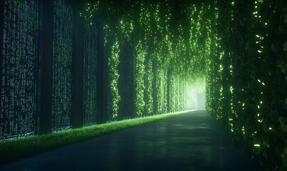 Poster - A serene, illuminated path lined with green foliage, leading to a bright, inviting light at the end, creating a tranquil and enchanting atmosphere.