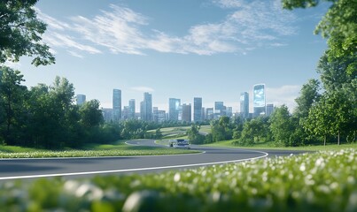 Aufkleber - A vibrant city skyline is framed by lush greenery, depicting a harmonious blend of nature and urban development under a clear blue sky.