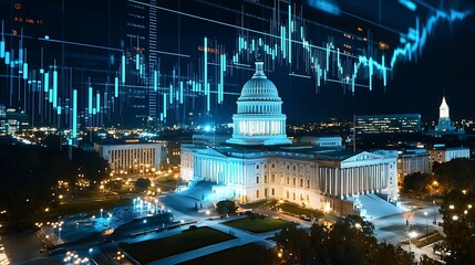 Wall Mural - financial data, government building. a striking night view of a government building illuminated, ove