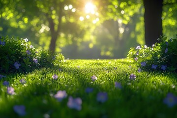Wall Mural - Sunlit meadow with wildflowers vivid green grass and bokeh creating a serene natural scene