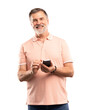 © opolja - Portrait attractive man using phone, calling on mobile phone. Handsome man with smart phone on transparent background