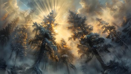 Aufkleber - Snow-draped forest, towering pine trees stretching to the sky, soft sunlight piercing through the canopy, creating a dramatic play of light and shadow, mist curling at the base of trees, ethereal