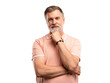Portrait of smiling happy mature grey-haired man standing on transparent background.