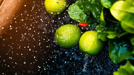 Wall Mural - Fresh limes splashing in water surrounded by vibrant green leaves in a garden setting