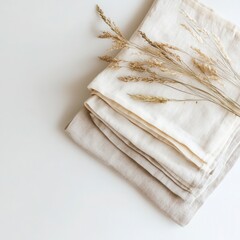 Neutral Tones: A simple, yet elegant still life composition featuring a stack of soft, light-colored linens adorned with a sprig of dried grass.