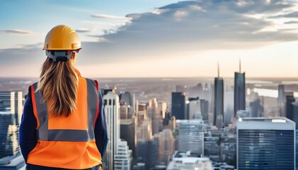 a construction worker stands on top of a skyscraper he wears a safety harness helmet and reflective jacket while overseeing the city