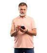 © opolja - Portrait attractive mature man using phone, calling on mobile phone. Handsome man with smart phone on transparent background