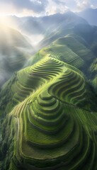 Poster - Vibrant rice terraces cascading down hillsides, golden light glowing on emerald greens, symmetrical patterns creating cinematic depth