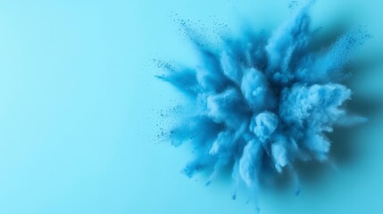 Wall Mural - Abstract explosion of light lavender blue powder on a light baby blue background, creating a dynamic and ethereal effect. Fine, light blue particles