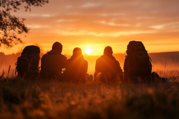 Wall Mural - Hikers enjoy a serene sunset while seated in the grass, reflecting on their day's adventure in nature