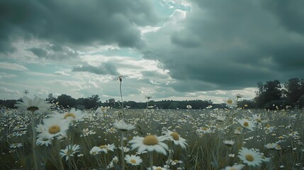 Wall Mural - a serene field of white daisies under dramatic clouds, cinematic wide-angle shot,