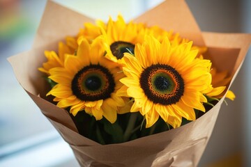 Poster - A bouquet of sunflowers wrapped in brown paper