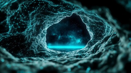 Wall Mural - Dark teal cavernous tunnel entrance revealing a starry night sky, dotted with glowing teal particles. Abstract, futuristic, and mysterious.  Smooth