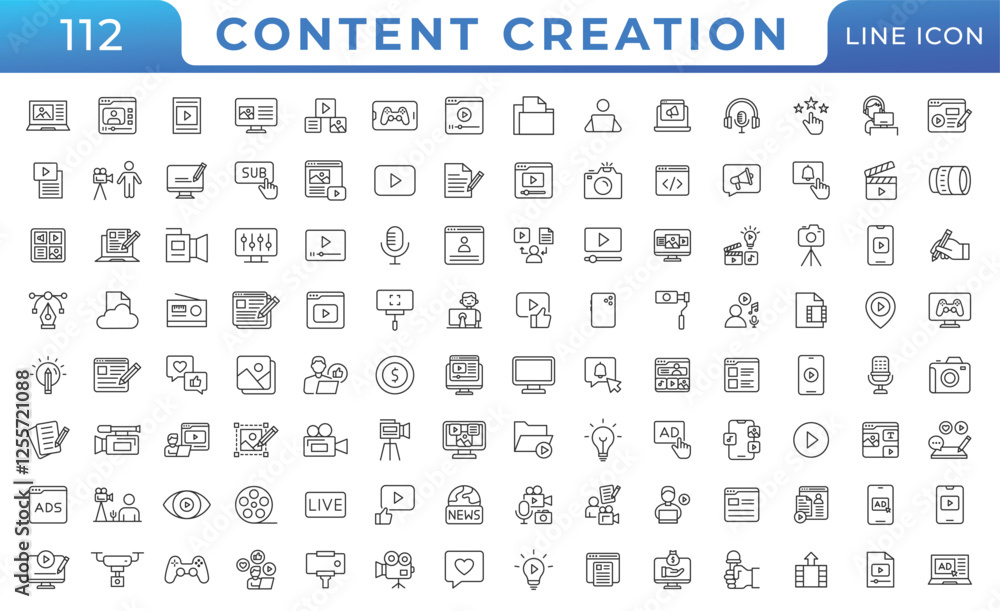 Content creation line icons set. Related social media, video editing ...