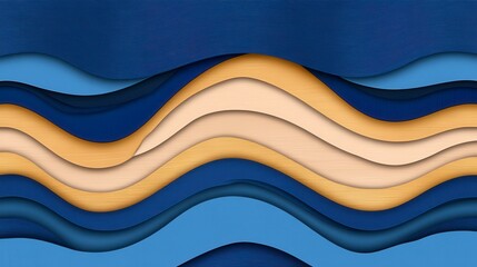 Abstract layered design featuring wavy lines of varying shades of blue and light beige, resembling wood grain, creating a three dimensional effect