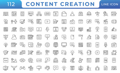 content creation line icons set. related social media, video editing, photography, graphic design, w