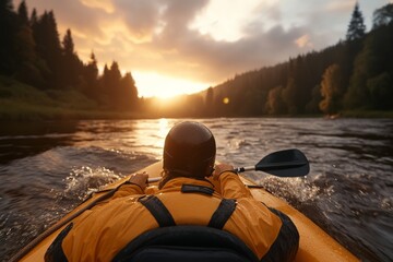 Canvas Print - Kayaker paddles through a serene river at sunset surrounded by trees and mountains