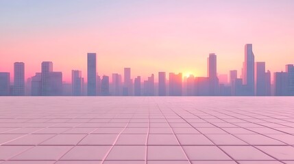 Aufkleber - A serene skyline at sunset with soft pastel colors illuminating the cityscape, creating a tranquil atmosphere.